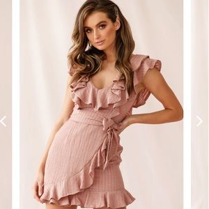 HONOR RUFFLE NECKLINE FAUX WRAP DRESS ROSE